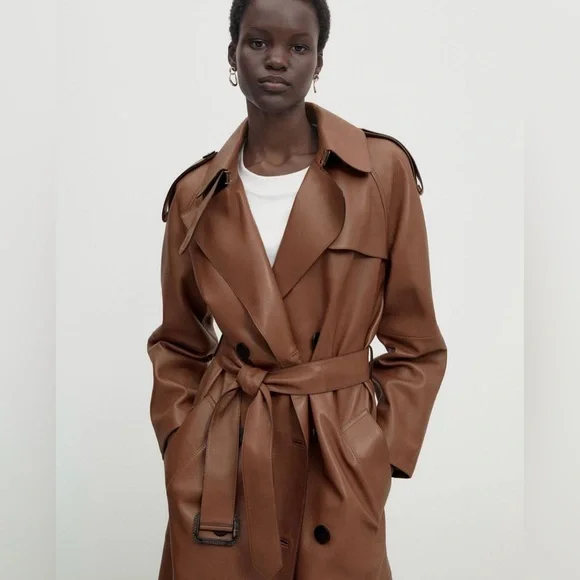 Massimo Dutti leather trench coat brown belted classic casual jacket - Picture 7 of 13